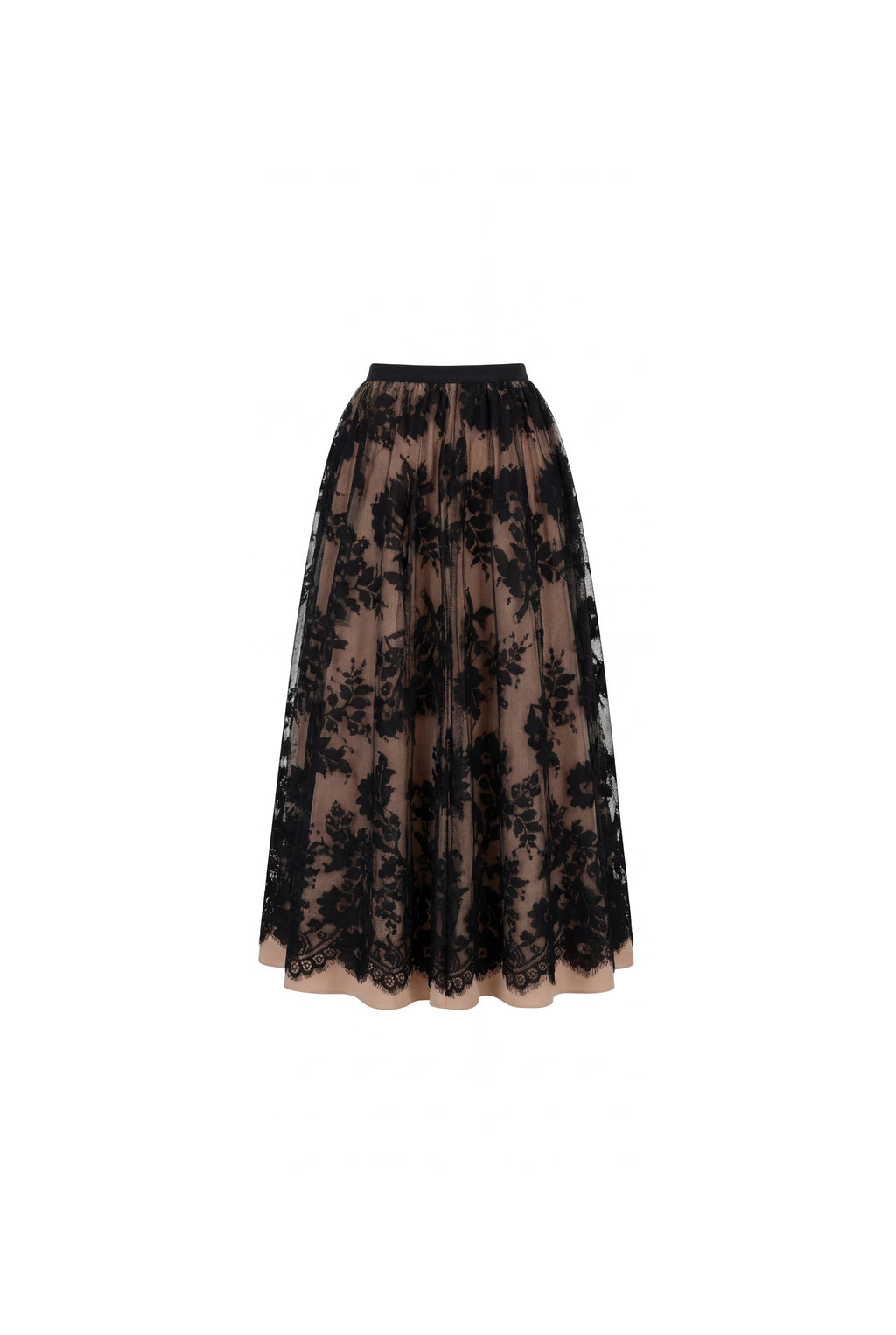 Beige A line midi skirt with Chantilly lace