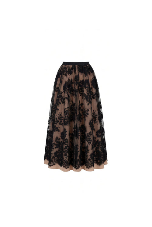 Beige A line midi skirt with Chantilly lace