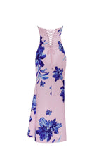 Strapless pink maxi dress with blue flowered pattern Glow Up