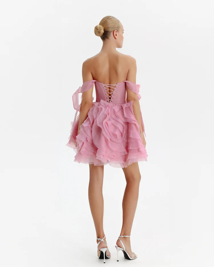Danceable mini with ruched flower appliques Garden of Eden