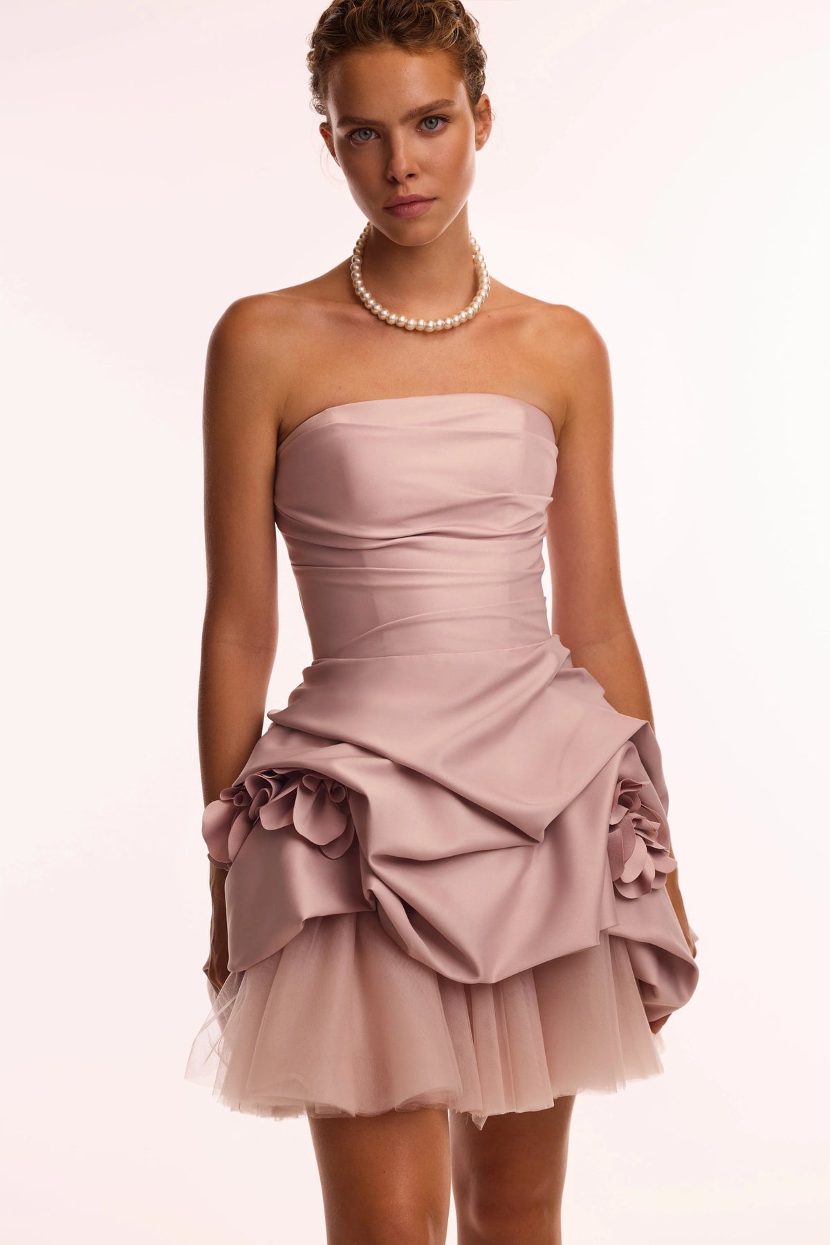 Rosette mini dress in misty rose Glow Up