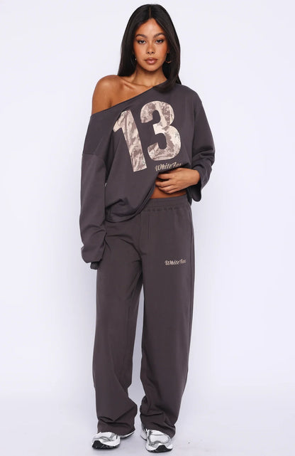 All A Dream Off Shoulder Oversized Long Sleeve Tee Charcoal