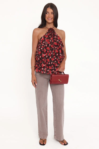 Zorina Halter Neck Chiffon Top Brown Floral