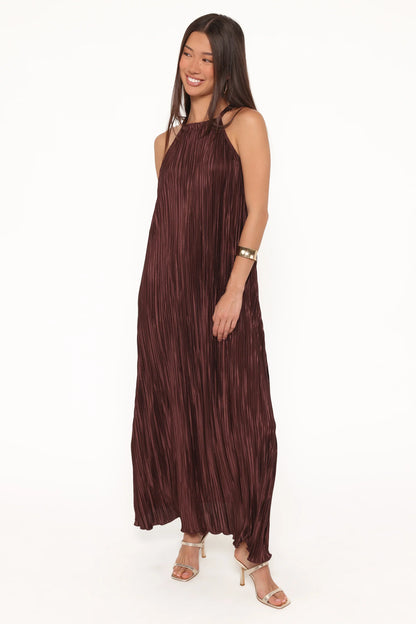 Melody Plisse Halter Maxi Dress Brown