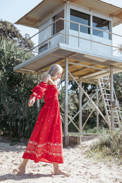 Domenica Shirred Long Sleeve Midi Dress Red Floral Bandana