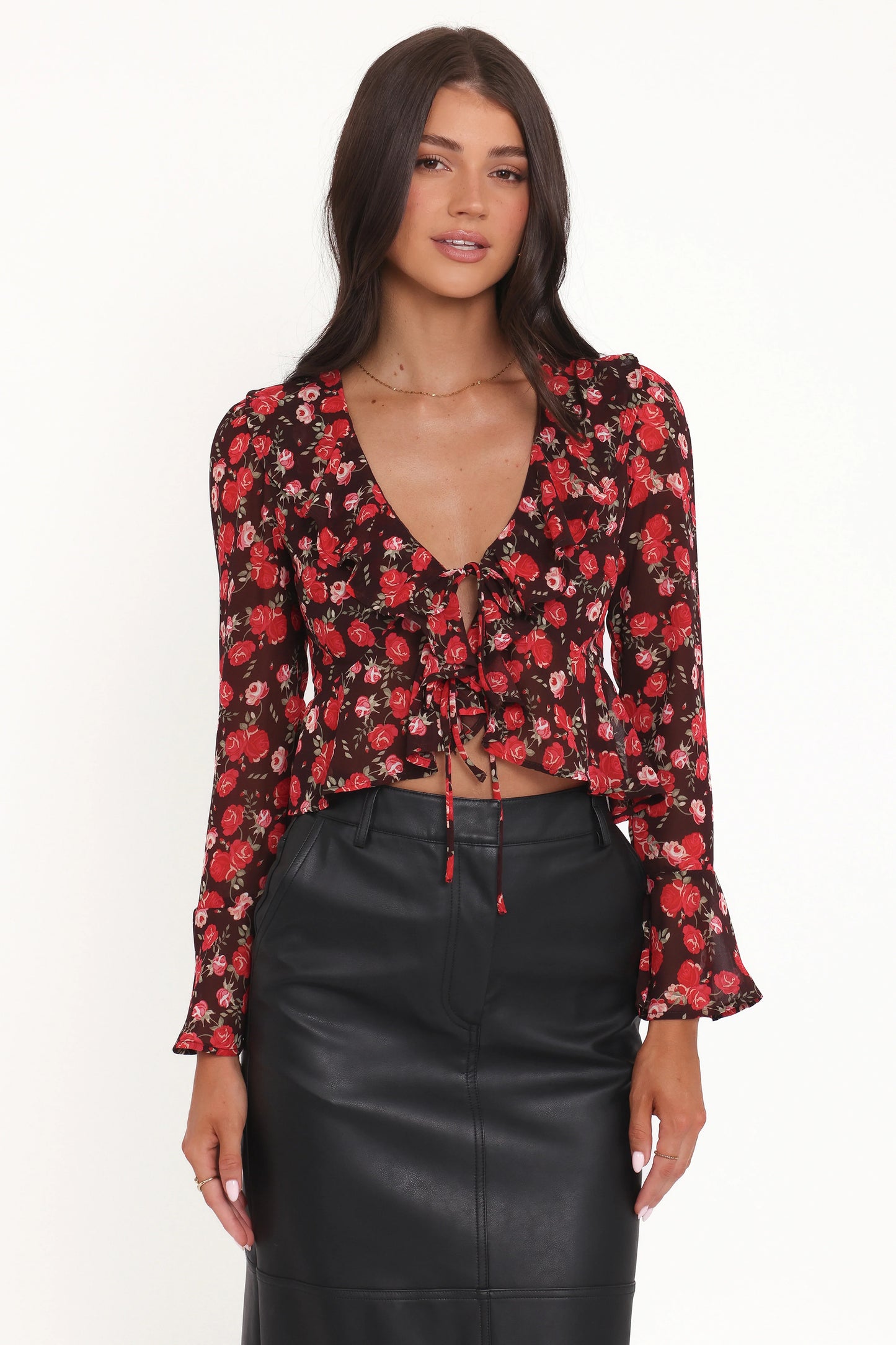 Aveline Chiffon Ruffle Front Top Brown Floral