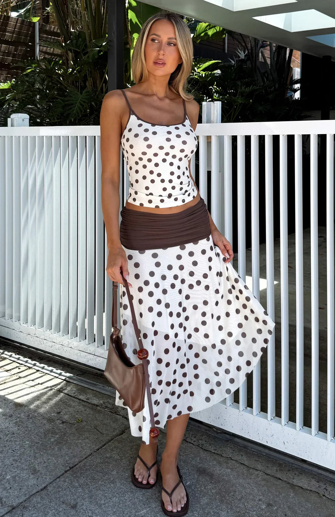 Mediterranean Mirage Midi Skirt Cream Choc Polka Dot