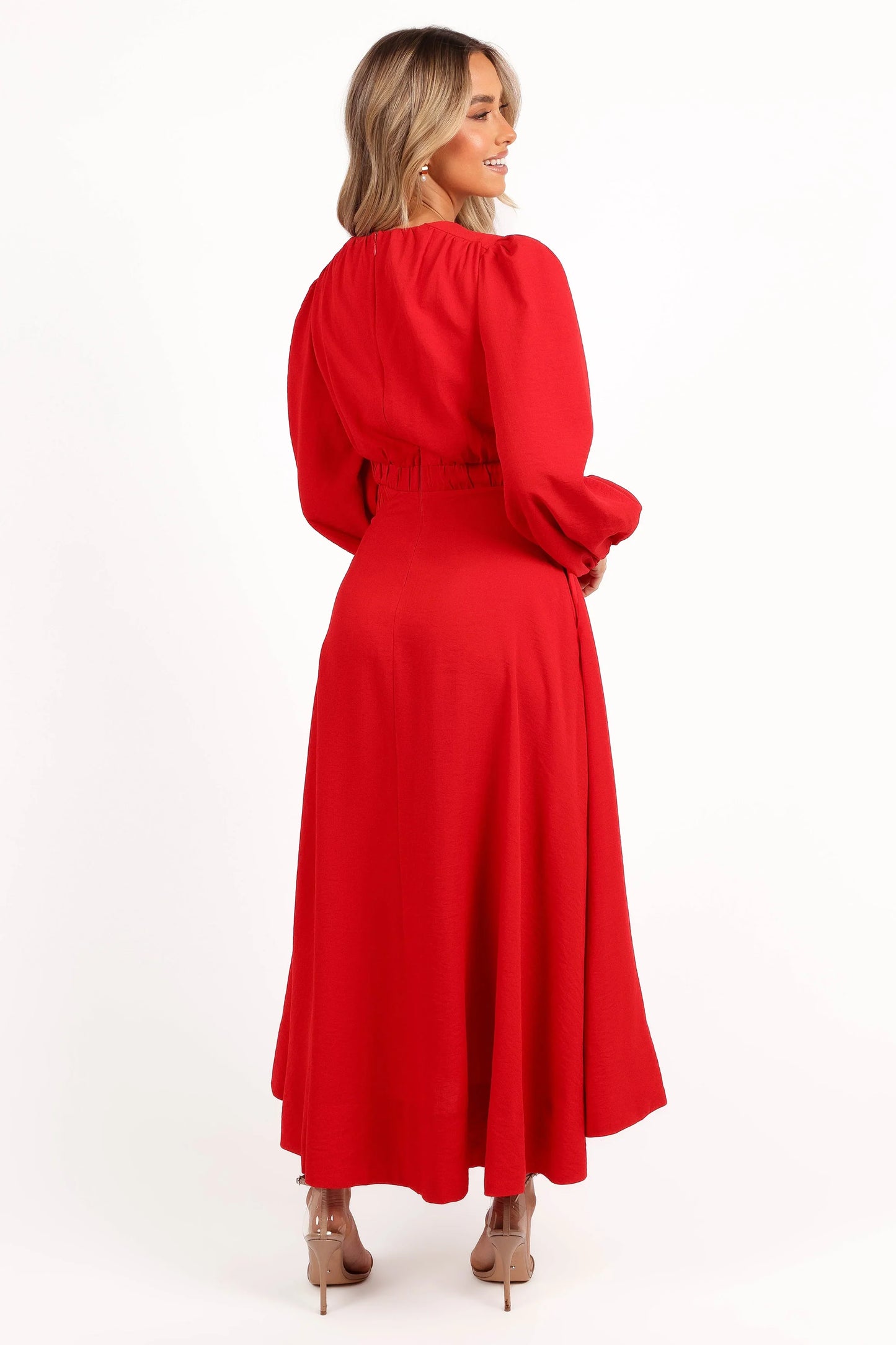 Ginnee Puff Sleeve Cutout Midi Dress Red