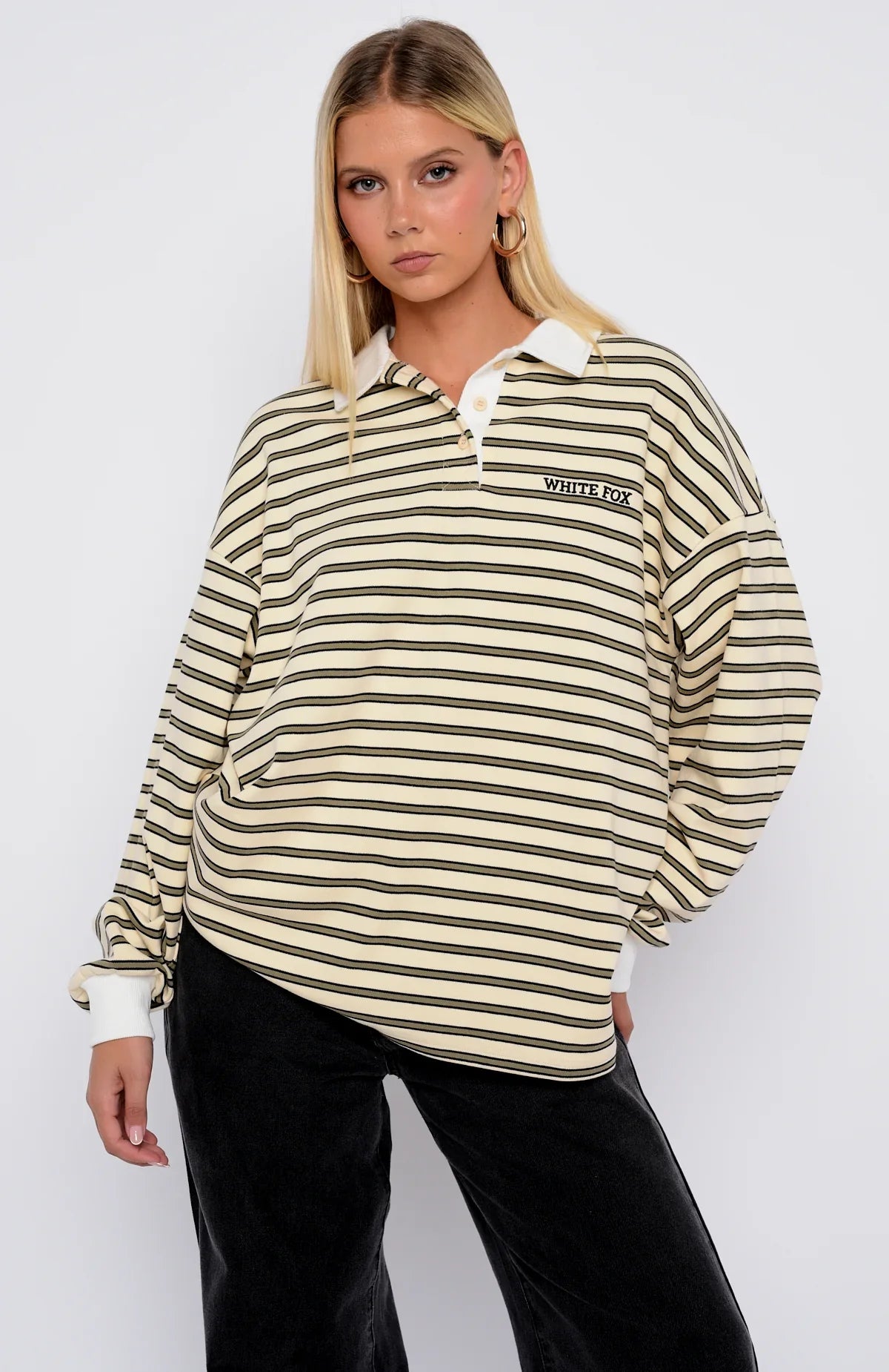 Out Again Long Sleeve Rugby Shirt Cream Olive Stripe
