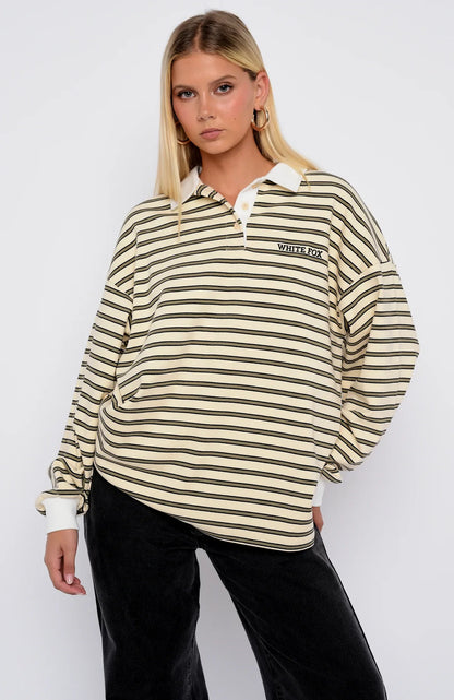 Out Again Long Sleeve Rugby Shirt Cream Olive Stripe