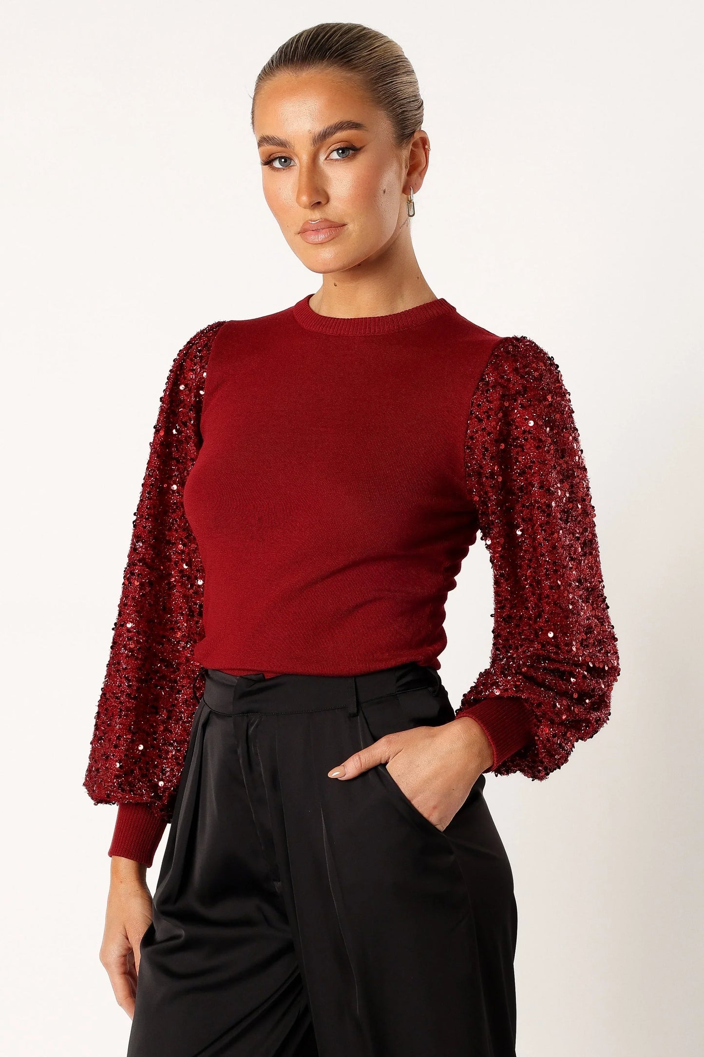 Rowan Sequin Sleeve Top Burgundy