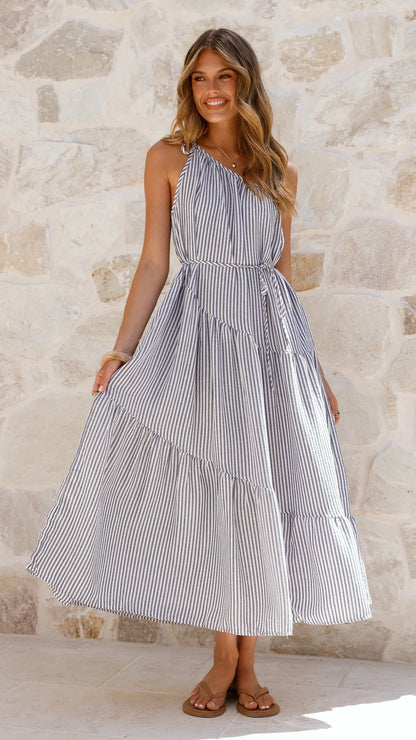 Wendy One Shoulder Maxi Dress Blue White Stripe