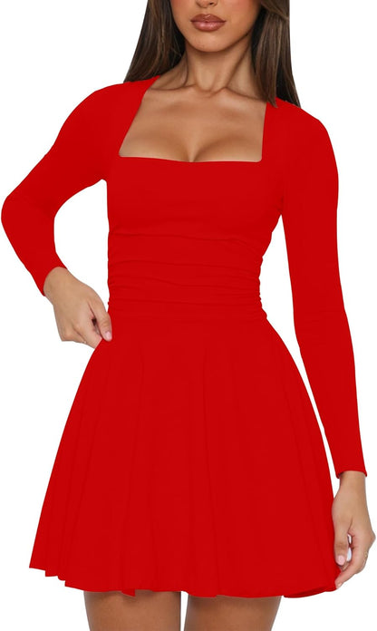Square Neck Long Sleeve Mini Dress Ruffle Hem Corset Short Party Club Dresses