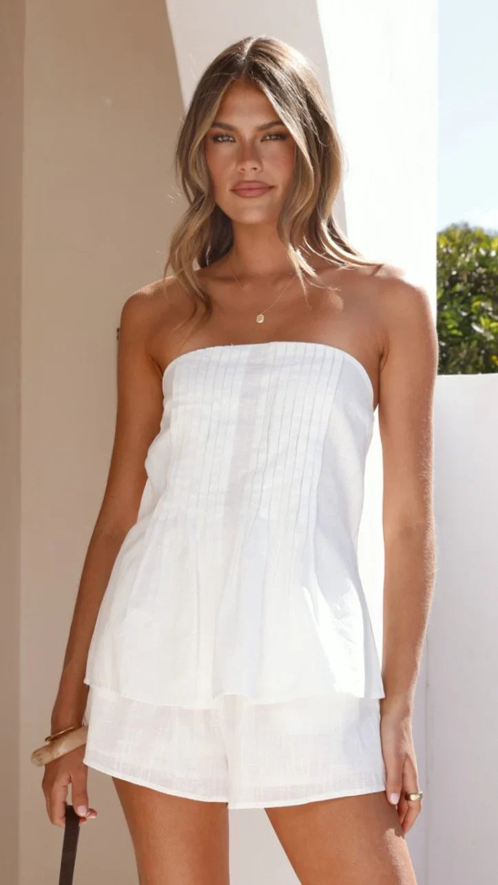 Sharni Strapless Pleat Top and Shorts Set White