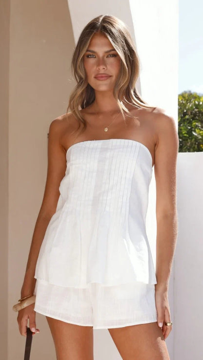 Sharni Strapless Pleat Top and Shorts Set White