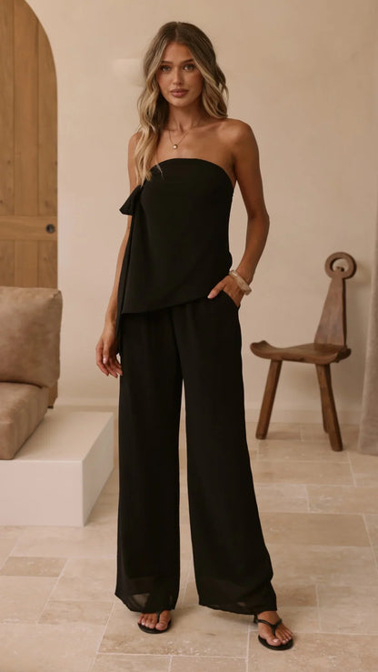 Zabrina Semi Sheer Strapless Top and Pants Set Black