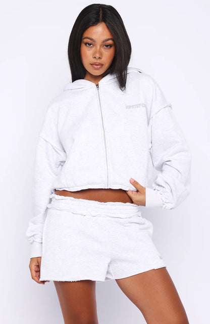 On My Own Terms Boxy Zip Front Hoodie Grey Marle