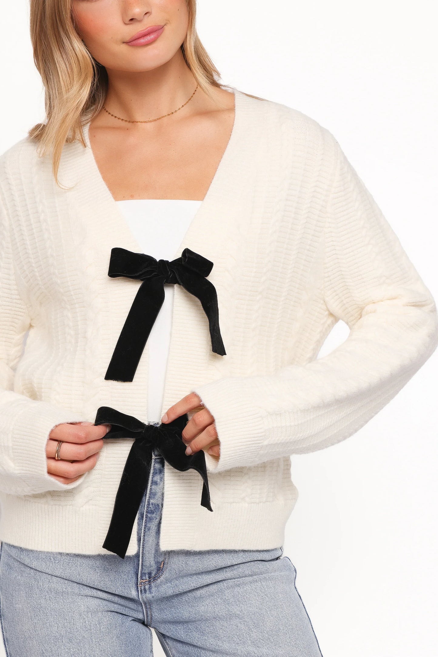 Bree Velvet Bow Cardigan Cream