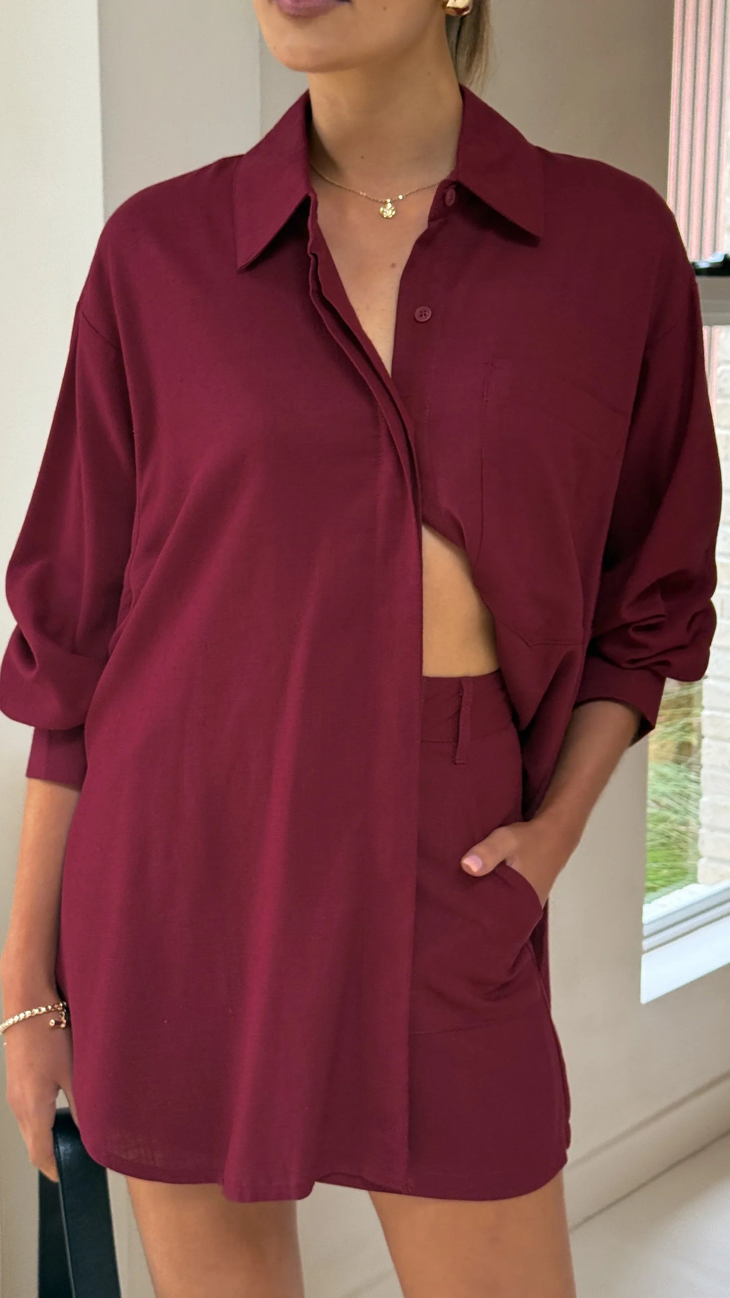 Charla Button Up Top Burgundy