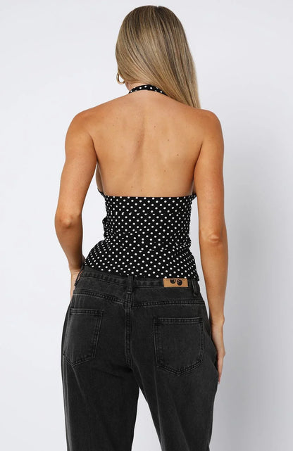 Stunner Edition Halter Top Black White Polka Dot