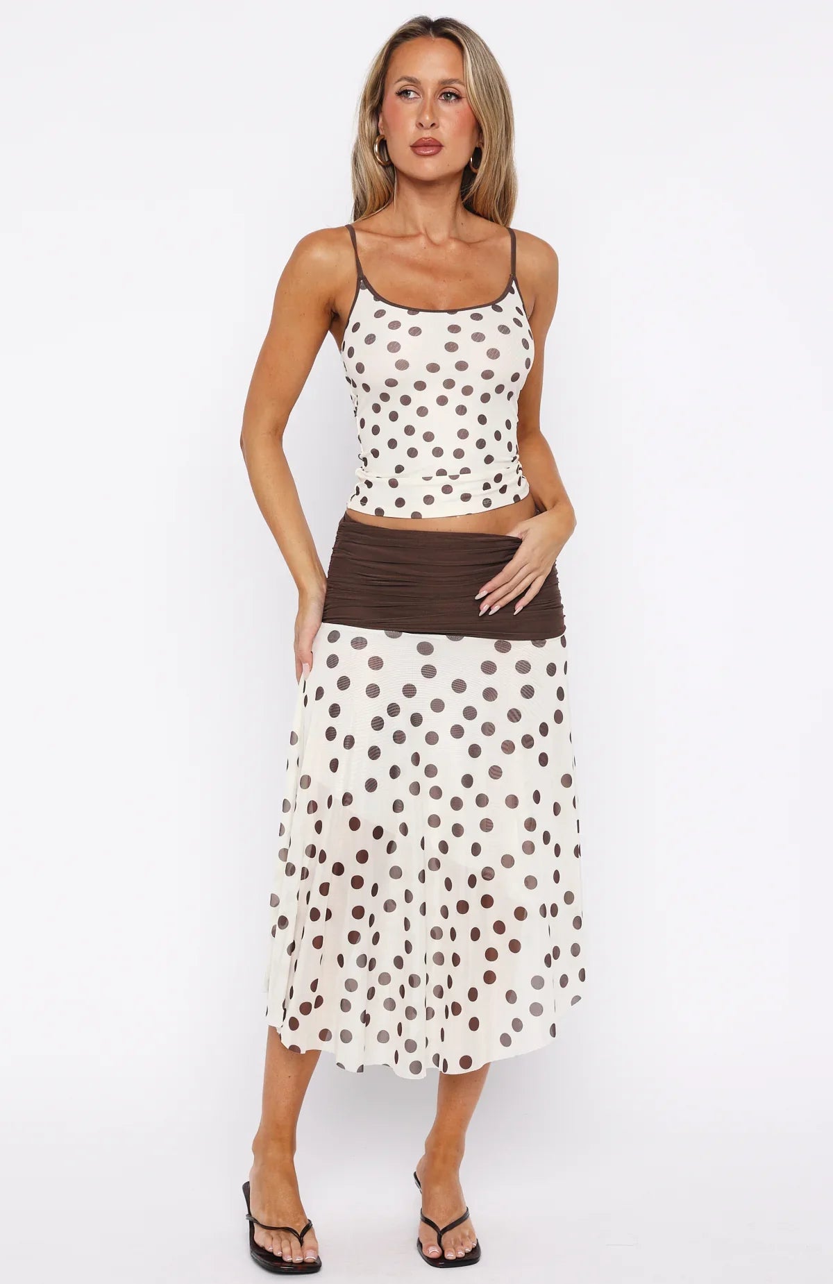 Mediterranean Mirage Midi Skirt Cream Choc Polka Dot