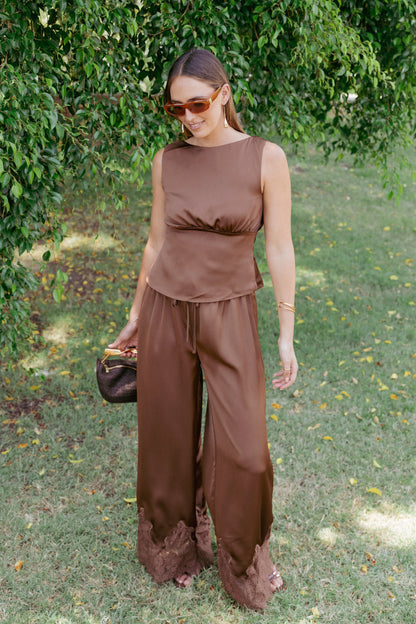 Viola Drawstring Wide Leg Pant Chocolate