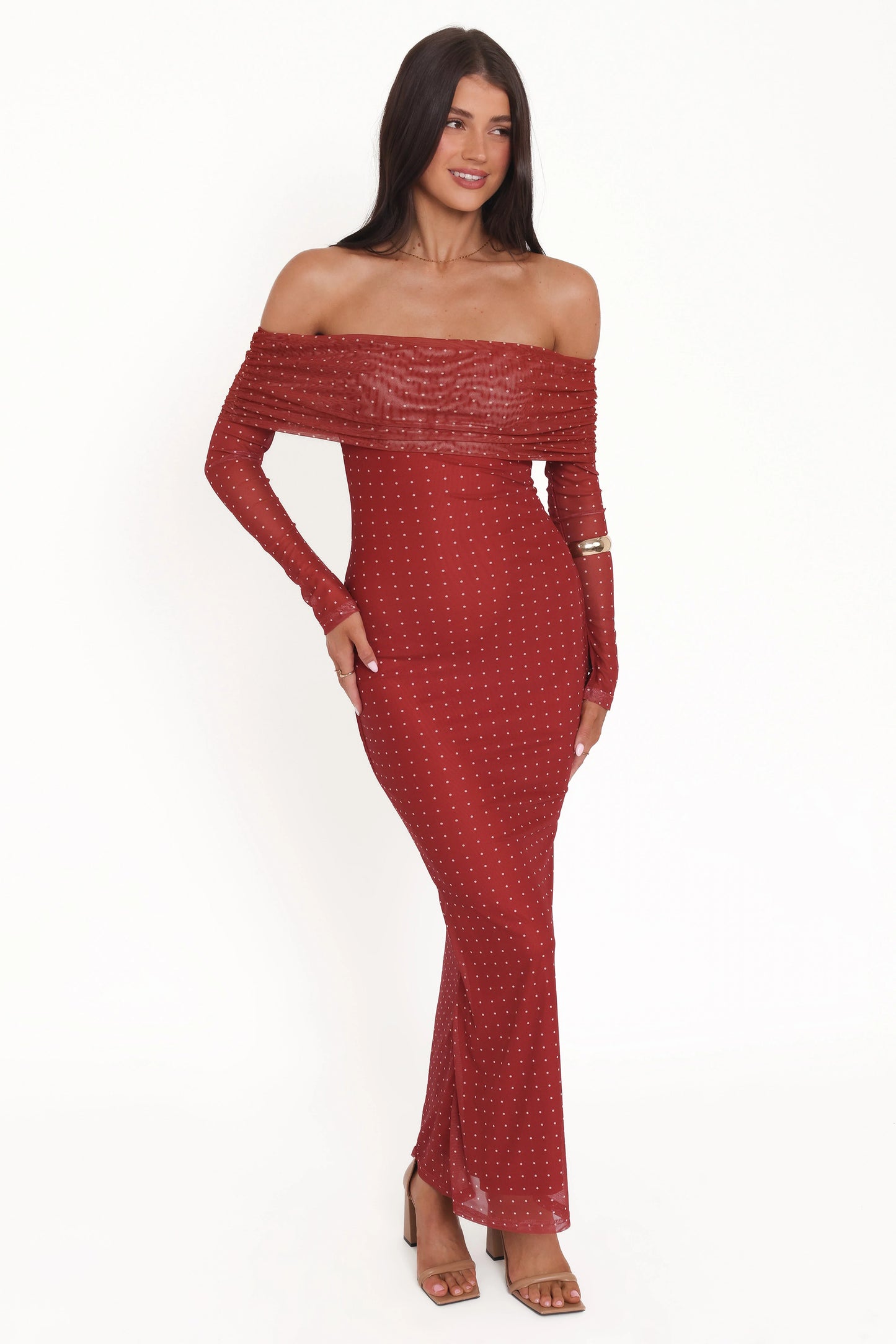 Zeva Off Shoulder Maxi Dress Burgundy Spot