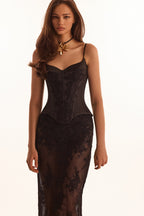 Sensual semi sheer maxi skirt crafted from black floral lace Parisienne