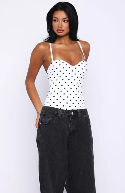 Stuck To You Bodysuit White Black Polka Dot