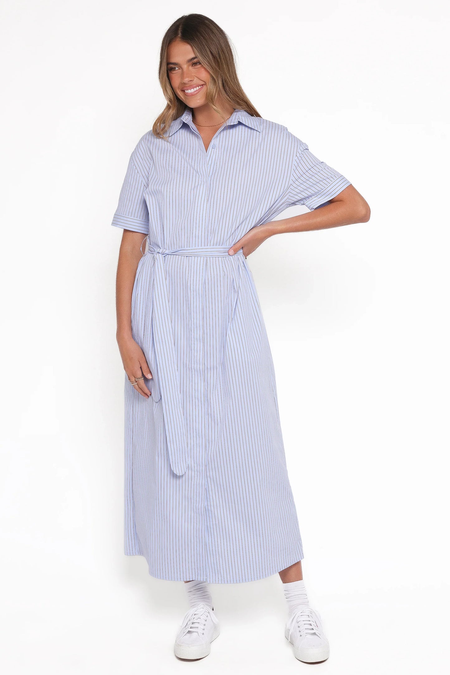 Morrison Short Sleeve Shirt Dress Blue Brown Stripe
