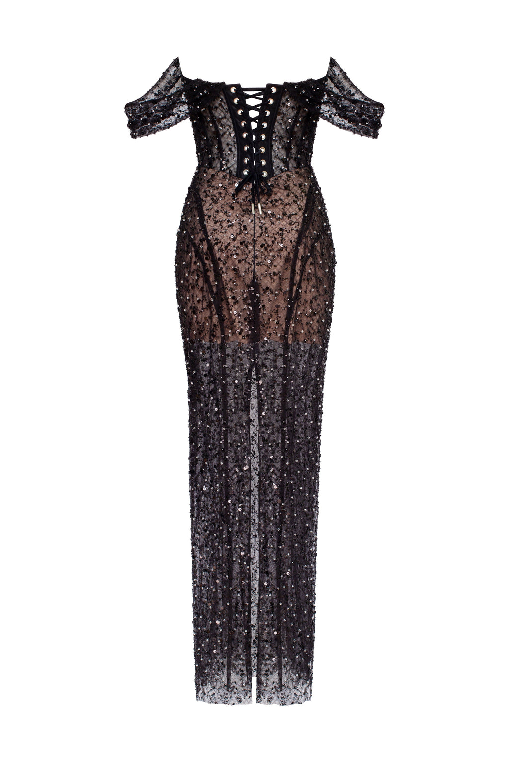 Striking black sequined fitted maxi dress Midnight Walk