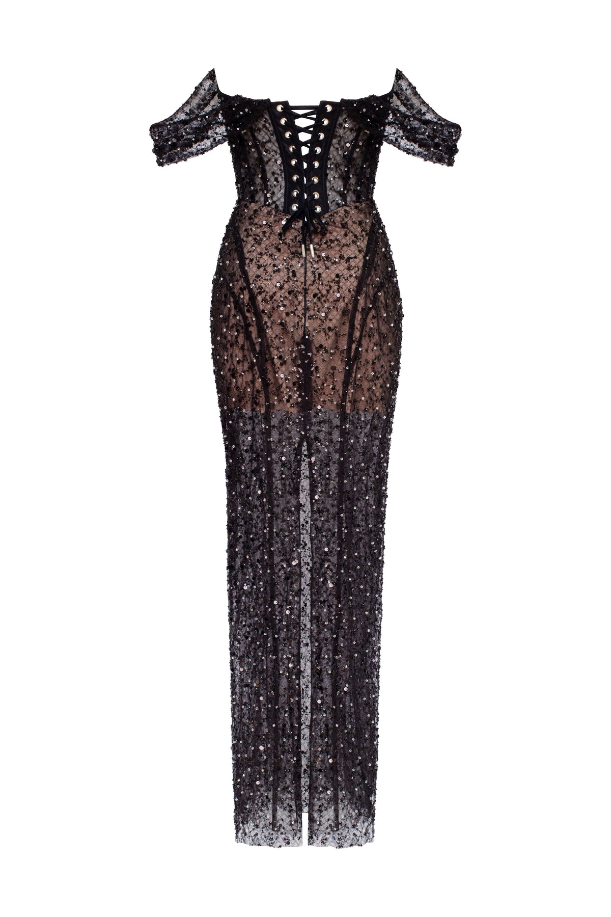 Striking black sequined fitted maxi dress Midnight Walk