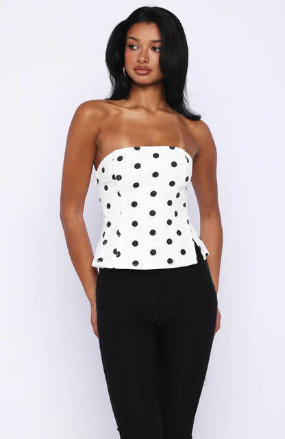 More Power Strapless Denim Top White Black Polka Dot