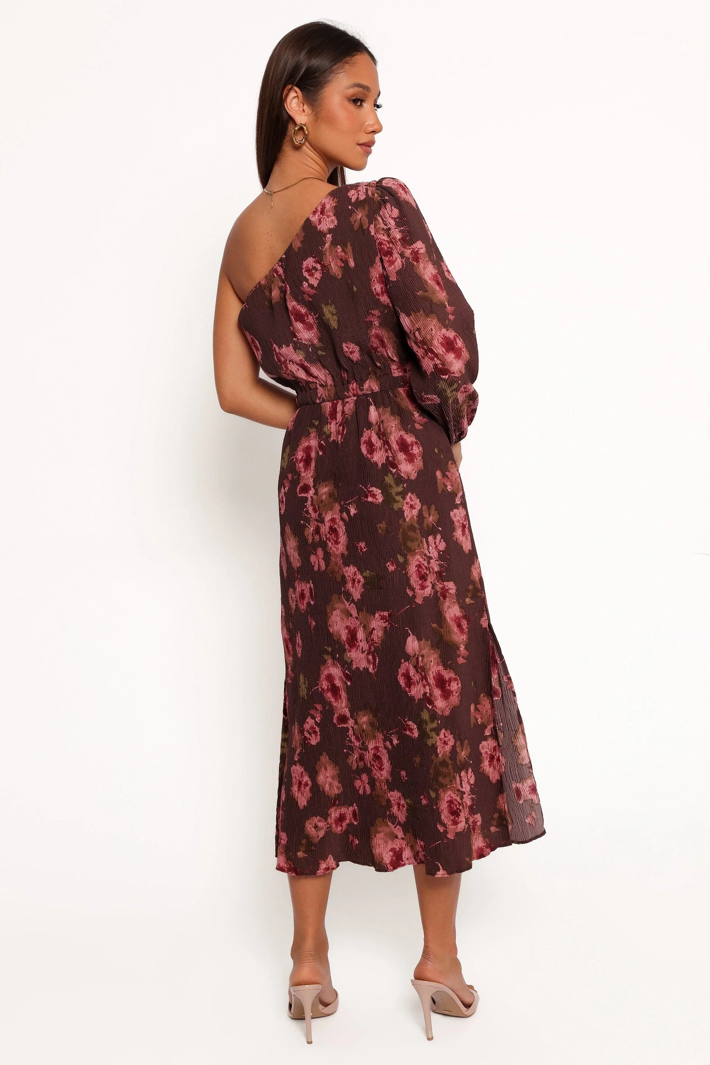 Pontee One Shoulder Pleated Midi Dress Chocolate Brown