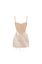 Beige lace corset mini dress embellished with sequins and fringes