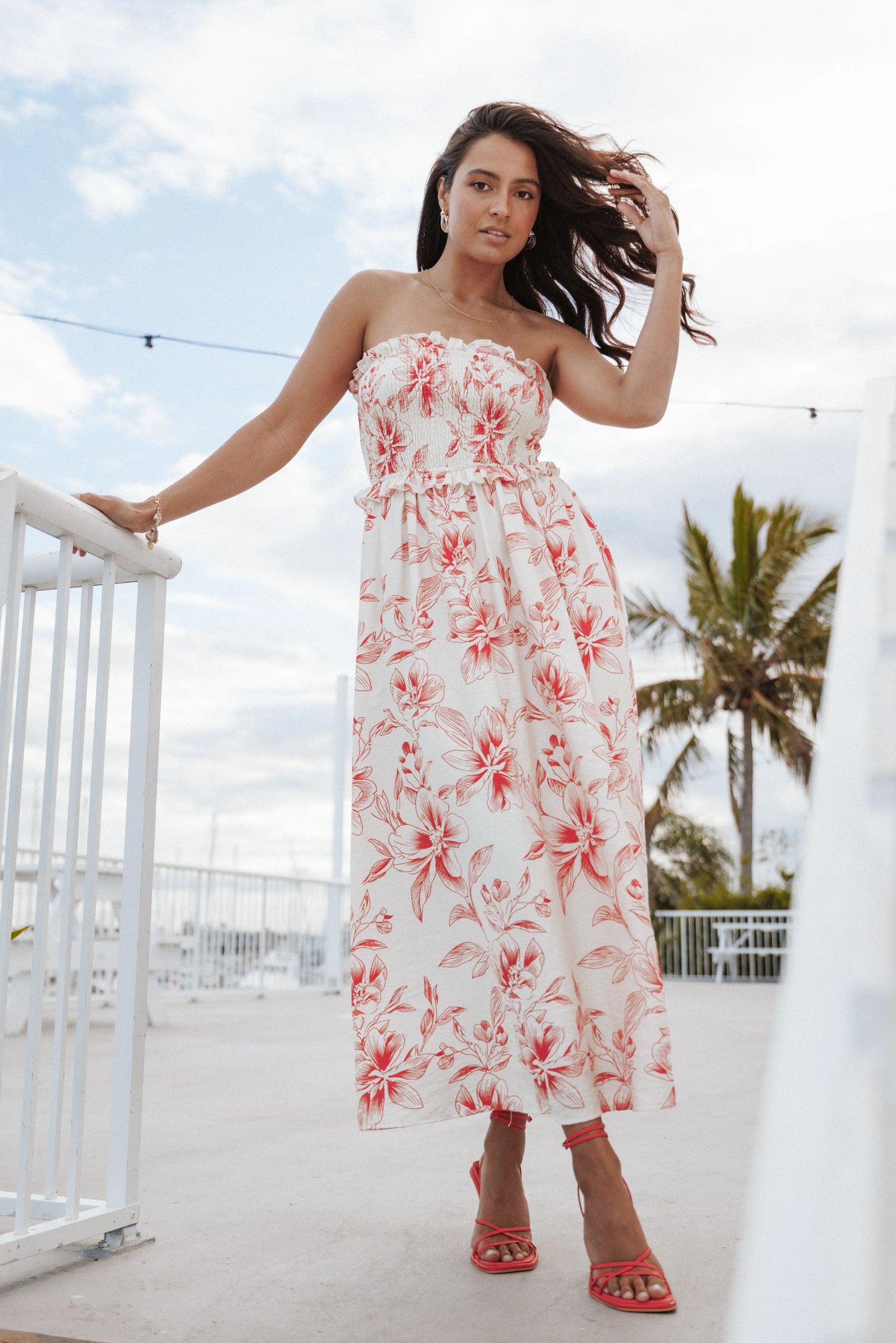 Avania Strapless Midi Dress Red Floral
