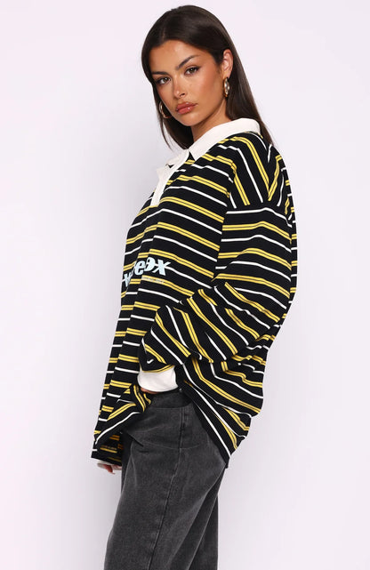 Gentle Affection Long Sleeve Rugby Shirt Black Yellow Stripe