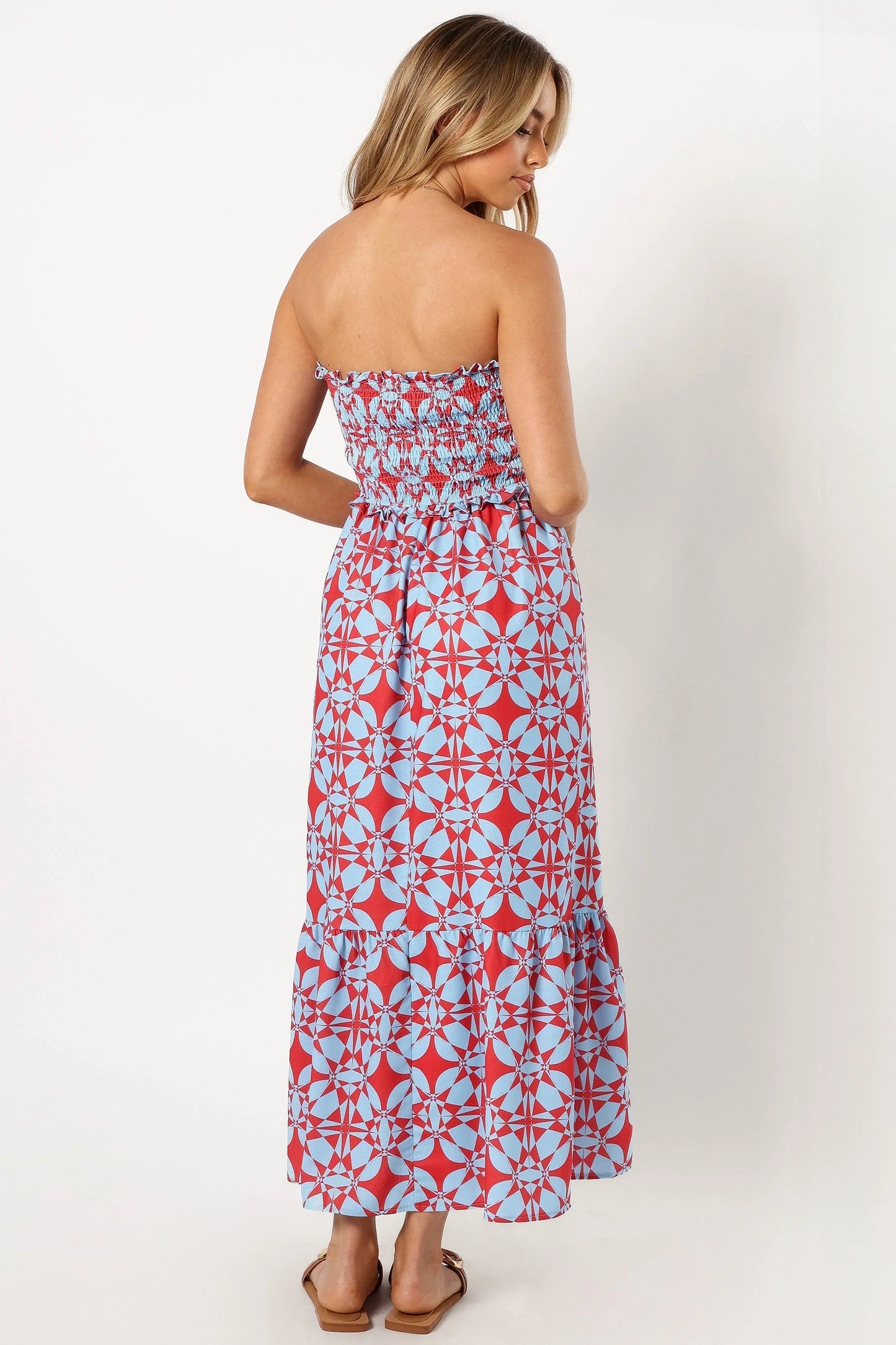Dayton Strapless Midi Dress Red Blue