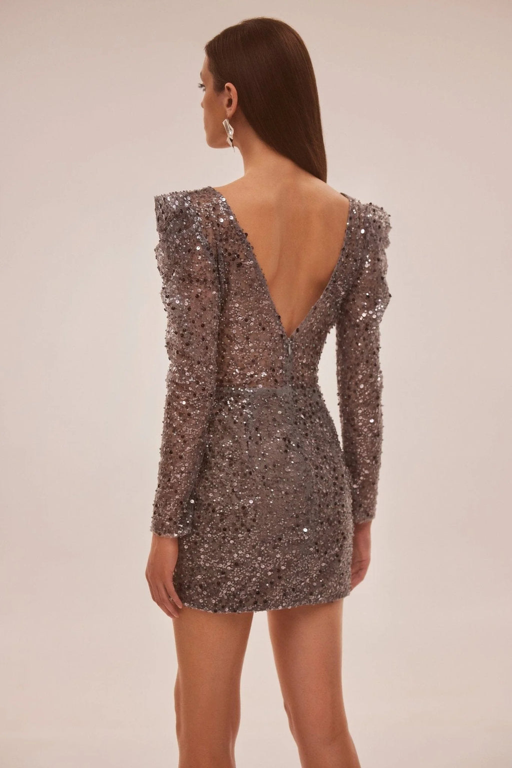 Silver metallic long sleeve sequined mini dress