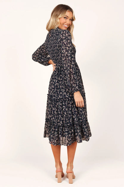 Edwina Shirred Frill Long Sleeve Midi Dress Navy Floral