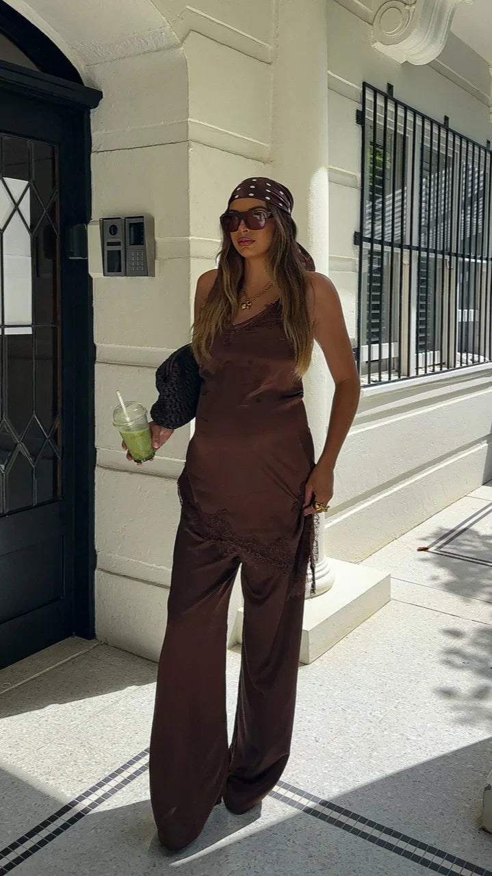 Hayleigh Asymmetrical Top and Pants Set Chocolate Lace