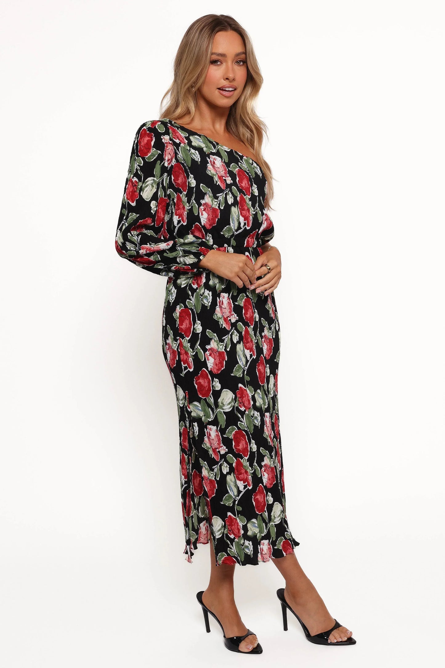 Pontee One Shoulder Pleated Midi Dress Black Rose Print