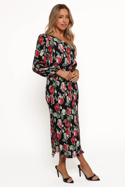 Pontee One Shoulder Pleated Midi Dress Black Rose Print