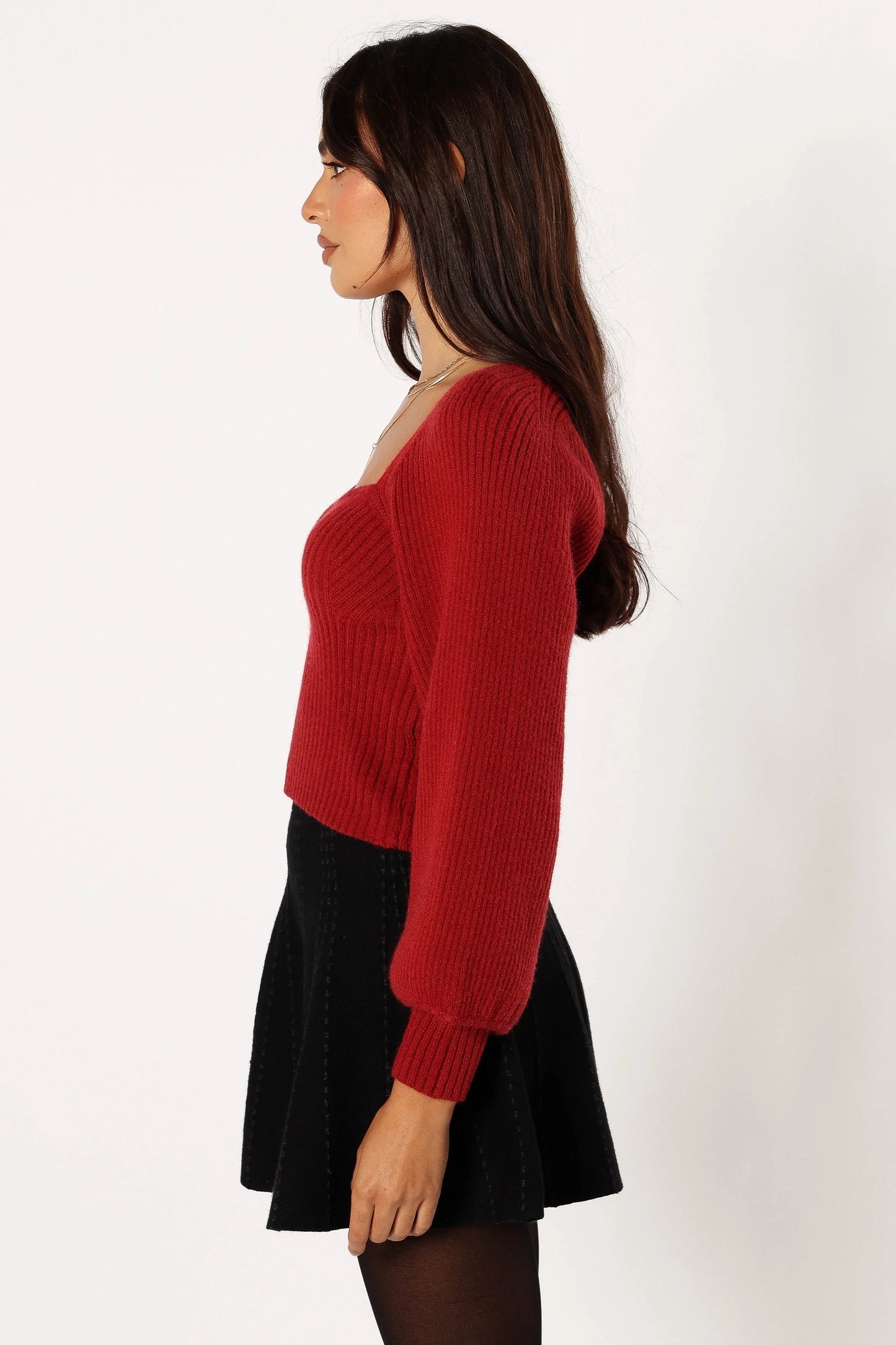 Gia Sweetheart Neck Bell Sleeve Knit Sweater Wine