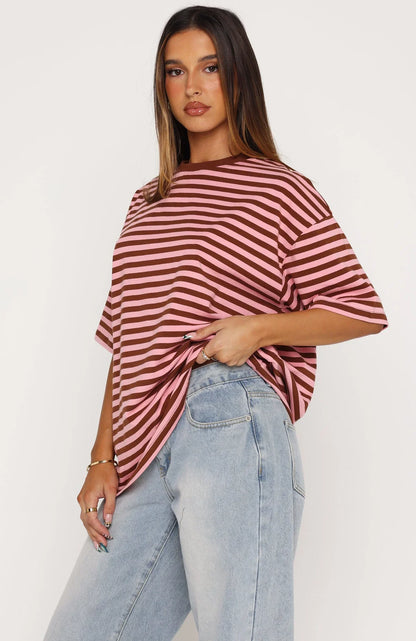 Touchdown Oversized Tee Brown Pink Stripe