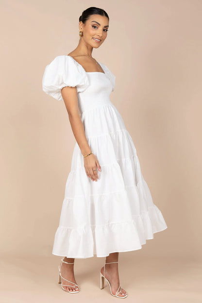 Annette Puff Sleeve Shirred Midi Dress White