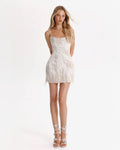 Beige lace corset mini dress embellished with sequins and fringes