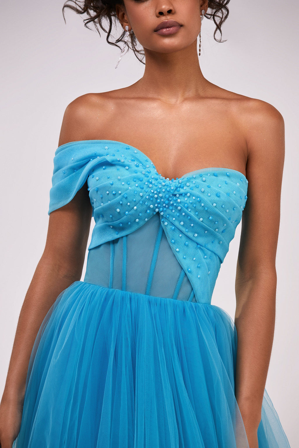 Aquamarine ball gown with one shoulder wrap top