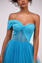 Aquamarine ball gown with one shoulder wrap top