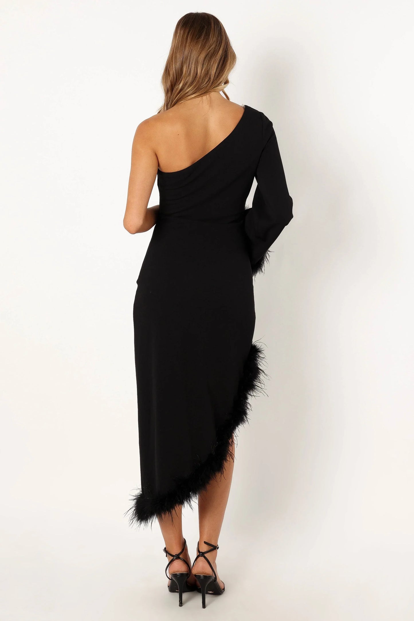 Dame One Shoulder Feather Midi Dress Black